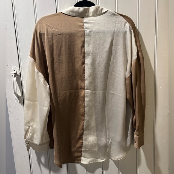 Promesa Asymmetrical Cream and Brown Button Down Blouse - Picture 9 of 11